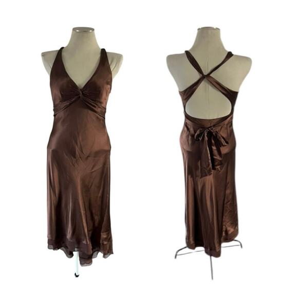 Vtg Y2K 2000s Cache Brown Satin Halter Backless Dress Sz 8 Forest Fairy Grunge - Picture 1 of 10